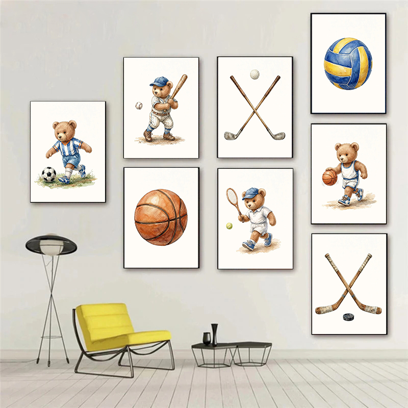 Badminton Single - Cute Teddy Bear Sports Nursery Canvas